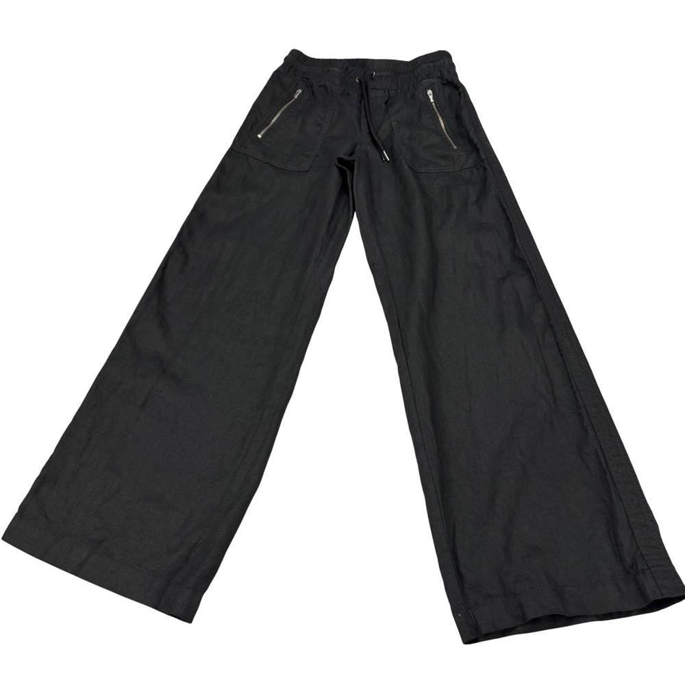 Athleta Cabo Linen Wide Leg Pants‎ Black Size 0 High Rise Drawstring Pockets